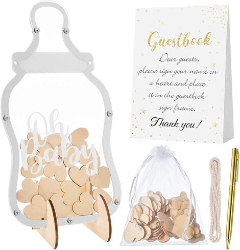 Qunclay Baby Bottle Baby Shower Guest Book with 60 Heart Token Alternative Wood Frame Guest Sign in Book Baby Shower Favors Baby Keepsake Signature Book for Baby Birthday Party Supplies in Saudi Arabia