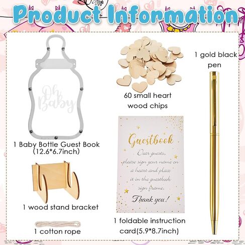 Qunclay Baby Bottle Baby Shower Guest Book with 60 Heart Token Alternative Wood Frame Guest Sign in Book Baby Shower Favors Baby Keepsake Signature Book for Baby Birthday Party Supplies in Saudi Arabia