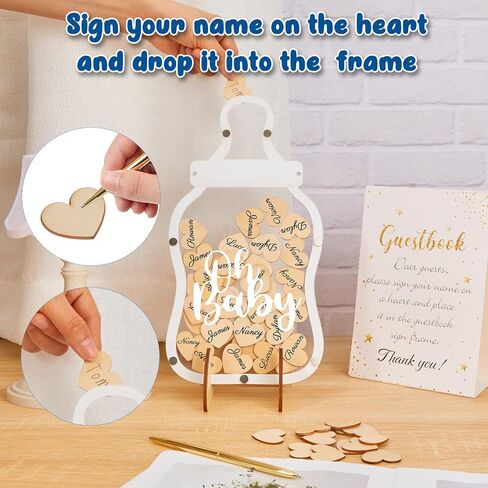 Qunclay Baby Bottle Baby Shower Guest Book with 60 Heart Token Alternative Wood Frame Guest Sign in Book Baby Shower Favors Baby Keepsake Signature Book for Baby Birthday Party Supplies in Saudi Arabia
