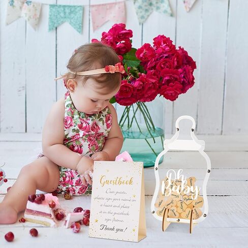 Qunclay Baby Bottle Baby Shower Guest Book with 60 Heart Token Alternative Wood Frame Guest Sign in Book Baby Shower Favors Baby Keepsake Signature Book for Baby Birthday Party Supplies in Saudi Arabia