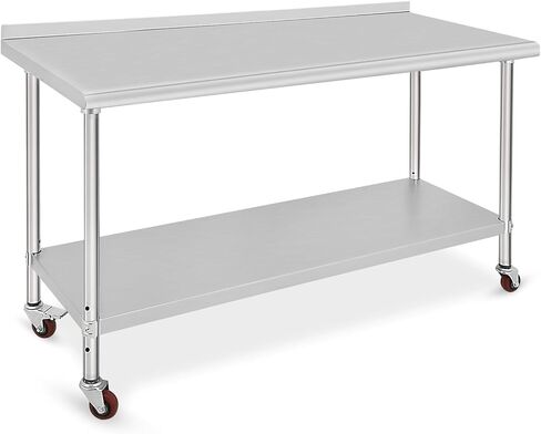 Stainless Steel Table for Prep & Work 60 x 24 x 35 Inch, Heavy Duty Metal Table Cart Worktable with Caster Wheel, Backsplash, Commercial Workstation for Restaurant, Home and Hotel, Silver in Saudi Arabia