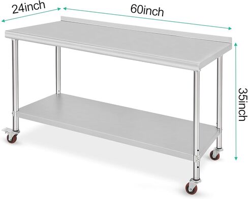 Stainless Steel Table for Prep & Work 60 x 24 x 35 Inch, Heavy Duty Metal Table Cart Worktable with Caster Wheel, Backsplash, Commercial Workstation for Restaurant, Home and Hotel, Silver in Saudi Arabia