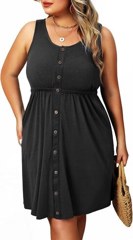 Pinup Fashion Women's Plus Size Summer Dresses Casual Pockets A-Line Button Down Sleeveless Scoop Neck Dress in Saudi Arabia