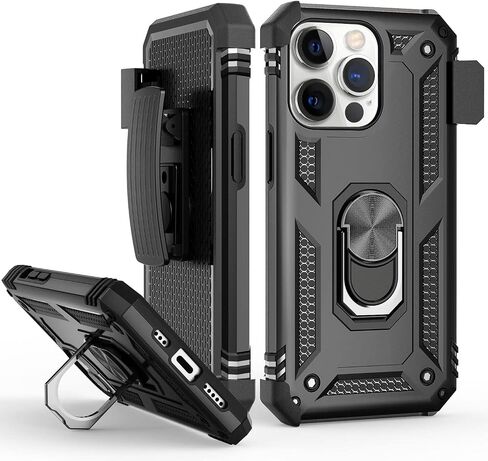 TILL for iPhone 13 Pro Max Full Coverage Heavy Duty Shockproof Phone Case Cover Built in Rotable Magnetic Ring Holder Kickstand with Holster Belt Swivel Clip for iPhone 13 Pro Max [Black] in Saudi Arabia