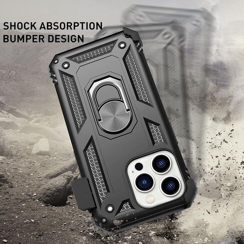 TILL for iPhone 13 Pro Max Full Coverage Heavy Duty Shockproof Phone Case Cover Built in Rotable Magnetic Ring Holder Kickstand with Holster Belt Swivel Clip for iPhone 13 Pro Max [Black] in Saudi Arabia
