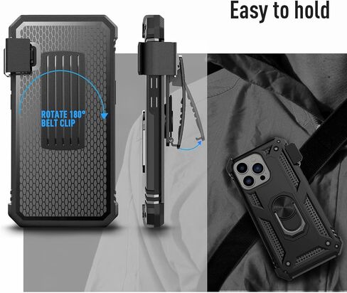 TILL for iPhone 13 Pro Max Full Coverage Heavy Duty Shockproof Phone Case Cover Built in Rotable Magnetic Ring Holder Kickstand with Holster Belt Swivel Clip for iPhone 13 Pro Max [Black] in Saudi Arabia