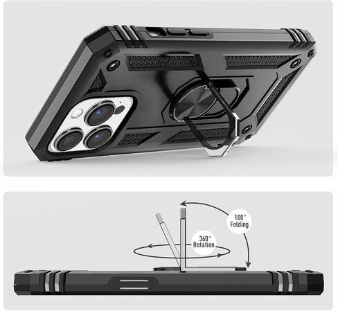 TILL for iPhone 13 Pro Max Full Coverage Heavy Duty Shockproof Phone Case Cover Built in Rotable Magnetic Ring Holder Kickstand with Holster Belt Swivel Clip for iPhone 13 Pro Max [Black] in Saudi Arabia