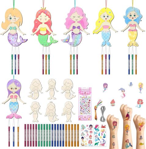 12 حزمة حورية البحر الرياح الرنين عدة للأطفال اصنع بنفسك حورية البحر الرياح الرنين الحرف الخشبية DIY تلوين الربيع الصيف الفنون والحرف الخشبية للبنين بنات الأنشطة المدرسية الطرف الديكور تفضل in Kuwait