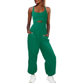 Panadila Womens Workout Onesie Athletic Romper One Piece Jumpsuits Backless Tops Hiking Pants with Pockets (Green,M) in Kuwait