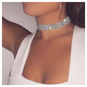 Sparkly Rhinestone Choker Necklace 5 Row Crystal Collar Necklace Layered Crystal Choker Necklace Silver Multi Row Tennis Chain Necklace Chain Jewelry for Women and Girls