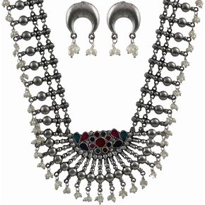 قلادة طويلة من الفضة الافغانية الهندية التقليدية بتصميم عرقي من سيدهاتفا، قلادة طويلة لوصيفة العروس للنساء والفتيات، 19 سم، معدن، بدون احجار كريمة, معدن, لا أحجار كريمة in Kuwait