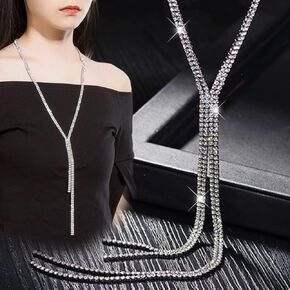 Chargances أزياء المرأة حجر الراين القلائد الطويلة العصرية طويلة أنيقة كريستال سلسلة المختنق سترة بيان قلادة المرأة الأزياء والمجوهرات