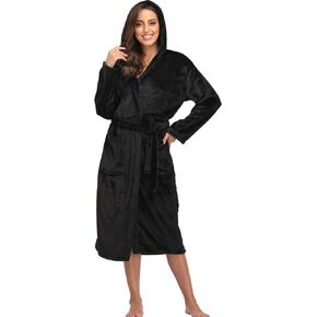 Women Hooded Fleece Robe Long Soft Plush Bathrobe Full Length House Coat Winter Spa Sleepwear with Pockets