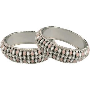 I Jewels Rhodium Plated Indian Wedding Bollywood Stylish Pearl Kundan Studded Kada Bangles for Women (Pack of 2) (ADB428ZPi)