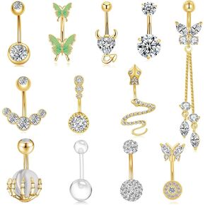 JEWPARK 12 قطعة 14 جرام الجراحية الصلب البطن خاتم على شكل زر للنساء ثقب البطن المتدلية لطيف القلب فراشة خواتم السرة حزمة in Kuwait