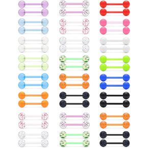 Hoeudjo Flexible Tongue Rings Acrylic Glow in the Dark Nipple Rings Barbells Retainer Piercing Jewelry for Women Men 24 Pairs 14G