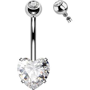 FLOGWE 14G G23 Solid Titanium Belly Button Rings, Internally Threaded 10mm 12mm Long Belly Ring, Round heart-shaped CZ Navel Rings for Women Men