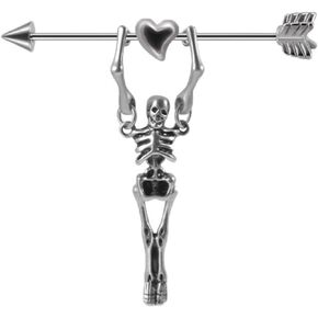 Godtemrow Skeleton Industrial Earrings for Women Men Long Barbell Cartilage Stud Arrow Heart Stainless Steel Body Piercing Jewelry 16G 38mm