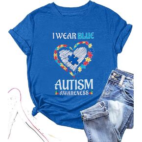 Autism Awareness Shirt Women Blue Ribbon T-Shirt I Wear Blue Tshirt Autism Support Tee Causal Short Sleeve Tee Tops in Saudi Arabia