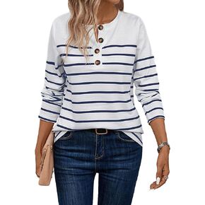 SweatyRocks Women's Striped Print Round Neck Long Sleeve Tee Shirt Casual Half Button Pullover Shirt Top