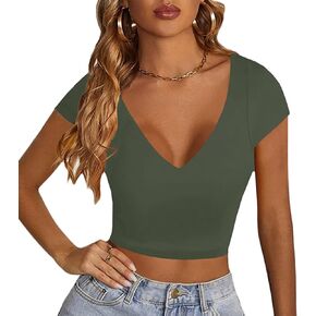 LYANER Women's V Neck Short Sleeve Crop Tops Cute Summer Tee Basic T Shirts