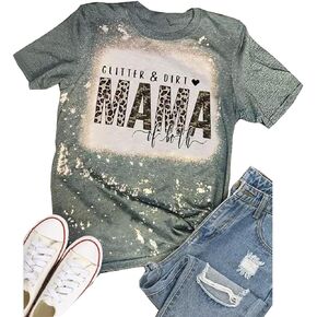Glitter & Dirt Mama of Both T-Shirt Women Camouflage Leopard Graphic Mom Tees Vintage Bleached Letter Print Tops