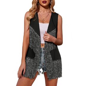Dresswel Fringe Vest Women's Sparkly Tassel Vest Open Front Sleeveless Sparkle Fringed Cardigan Vest Glitter Vest Jacket