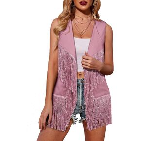 Dresswel Fringe Vest Women's Sparkly Tassel Vest Open Front Sleeveless Sparkle Fringed Cardigan Vest Glitter Vest Jacket