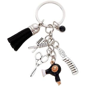CHUU YUNG Comb Scissors Hair Dryer Keychain with Tassel Black Diamond Charm Hairdresser Hair Stylist Gift Jewelry