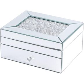 2 Layer Mirror Glass Jewelry Box with Crushed Diamond Decor Large Trinket Organizer With Drawer Treasure Chest Case Rings Earrings Necklace Bracelet Storage Box for Gift Women Girls (White)