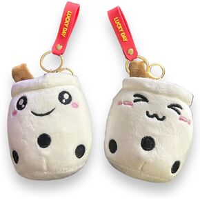 Pack of 2 - Boba/Bubble Tea Plush Cup Shaped Keychains - Versatile Ornament for Keys/Bags and Purses - Premium Plush and PP Cotton for Comfort & Durability - Height: 7" - (White - Smile/Wink Design) in Saudi Arabia