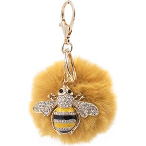 surell Bling Bumblebee Keychain with Faux Fur Pom - Luxury Bag Pompom Charm - Yellow Bee with Fluffy Pom