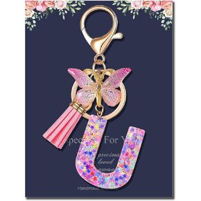 THE FRIGG Valentines day Gifts for Kids Girls Women Keychain Butterfly Tassel Pink Purple Initial Letter Key for Backpack