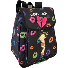 Betty Boop Canvas Backpack with Ribbon: 13 inches height (Black: Colorful Lips)