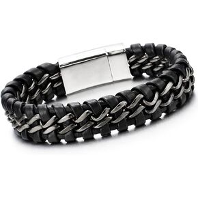 COOLSTEELANDBEYOND Mens Black Braided Leather Bracelet Interwoven with Stainless Steel Black Link Chains