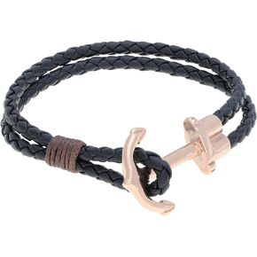 Metro Jewelry Stainless Steel and Black Genuine Leather Anchor Bracelet for Men with Rose Gold Plating - 8.5 Inches Long 8 MM Wide with Toggle Clasp