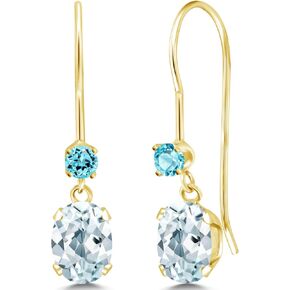 Gem Stone King 14K Yellow Gold Sky Blue Aquamarine and Swiss Blue Topaz French Wire Dangle Earrings For Women (1.02 Cttw, Gemstone March Birthstone, Oval 6X4MM and Round 2.5MM)
