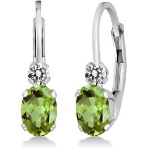Gem Stone King 14K White Gold Green Peridot and White Diamond Leverback Earrings For Women | 1.07 Cttw | Gemstone August Birthstone | Oval 6X4MM, Round 2MM | 3/4 Inch