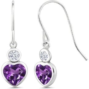 Gem Stone King 14K White Gold Purple Amethyst Drop French Wire Earrings For Women (1.06 Cttw, Gemstone Birthstone, Heart Shape 5MM, Round 3MM)