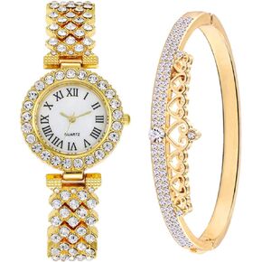 CdyBox Women Watches Diamond Luxury Quartz Watch Ladies Wristwatches with Crown Bangle Set Gifts