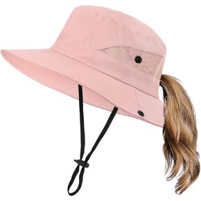Kids Girls Sun Hat with Ponytail Hole Wide Brim UV Protection Bucket Cap Foldable Summer Beach Fishing Hats for Girls