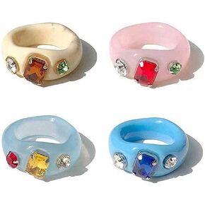 4 Pcs Retro Acrylic Resin Colorful Ring Spring Diamond Ring Vintage Resin Jewelry Acrylic Party Elegant Best Handmade Gift Index Finger Ring for Women Girls