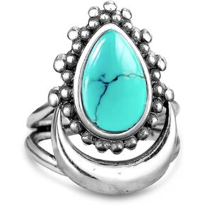 DALEGEM Crescent Moon Turquoise Stone Ring for Women Girls,S925 Sterling Silver Waterdrop Shaped Gemstone Boho Statement Ring Jewelry Gift for Her