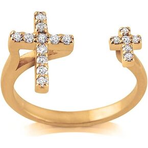 Savlano 18K Yellow Gold Plated Round Cut Cubic Zirconia Double Vertical Cross Open Band Ring Women's Girl's Religious Ring