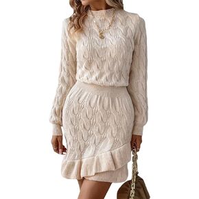 WDIRARA Women's Round Neck Bishop Long Sleeve Ruffle Hem Bodycon Ribbed Knit Sweater Dress