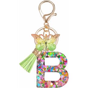 Mlouye A-Z Love Heart Resin Initial Alphabet Letter Keychains with Butterfly and Tassel for Car Keys