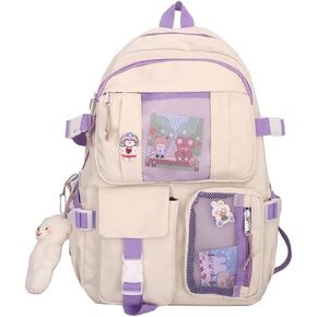 Kawaii Backpack with Bear Pendant, Aesthetic Canvas Students Schoolbag Shoulder Tote Bag Casual Daypack Back to School (Pink) Large