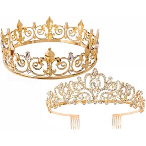 2PCS King and Queen Crown Set Metal Crown for Men and Women Crystal Tiaras for Girls Costume Accessories for Prom Wedding