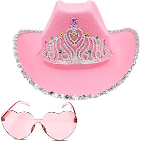 4E's Novelty Preppy Pink Cowgirl Hat with Heart Shaped Sunglasses - Pink Cowboy Hat with Tiara Crown for Adult Cowgirl Costume Accessories for Women Western Party