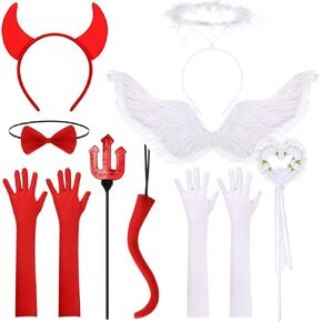 مجموعة أزياء Yingzhao المكونة من 9 قطع من أزياء Angel Devil تتضمن عصابة رأس على شكل قرن الشيطان وعصابة رأس وربطة عنق على شكل ذيل الشيطان وقفازات طويلة (أبيض، نمط حيوي) in Kuwait